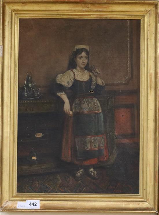 Ines M. Sanz, oil on canvas, interior with Spanish girl drinking from a wine glass, signed and dated 1873, 52 x 36cm